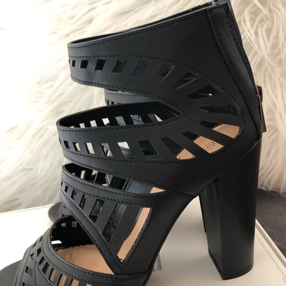 Shoes - Black Peep Toe Leather Like Heels